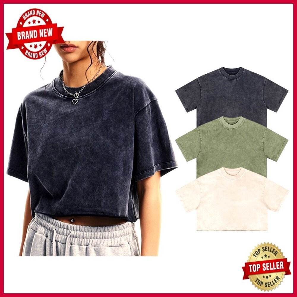 Oversized Vintage Cropped Tee, 100% Cotton, Acid Wash, Loose Fit